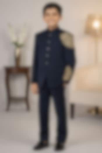 Navy Blue Blended Embroidered Jodhpuri Set For Boys by Devils N Angels at Pernia's Pop Up Shop