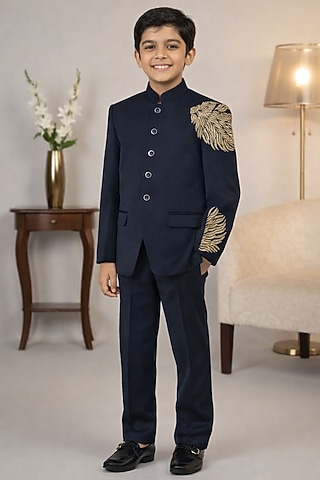 Navy Blue Blended Embroidered Jodhpuri Set For Boys by Devils N Angels