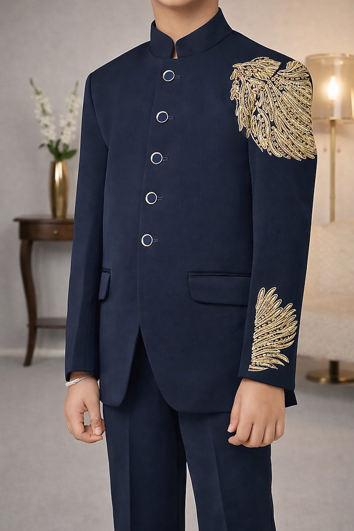 Navy Blue Blended Embroidered Jodhpuri Set For Boys by Devils N Angels at Pernia's Pop Up Shop