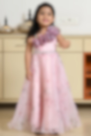 Light Pink Silk Blend Floral Embroidered & Printed One-Shoulder Gown For Girls by Devils N Angels at Pernia's Pop Up Shop