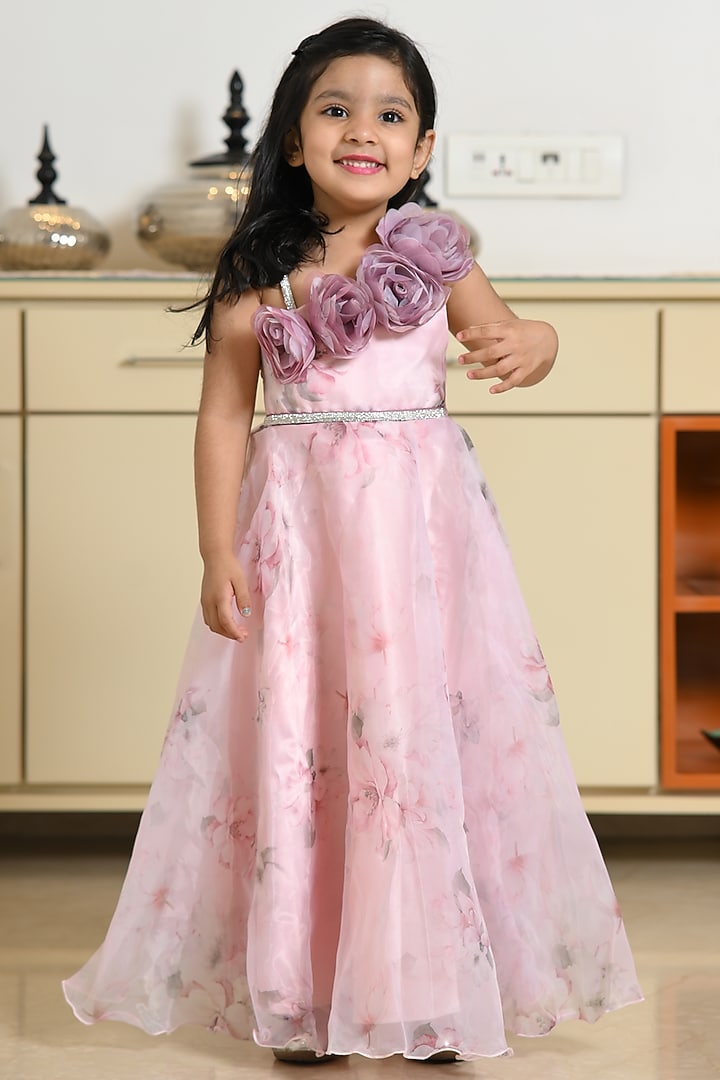 Light Pink Silk Blend Floral Embroidered & Printed One-Shoulder Gown For Girls by Devils N Angels at Pernia's Pop Up Shop
