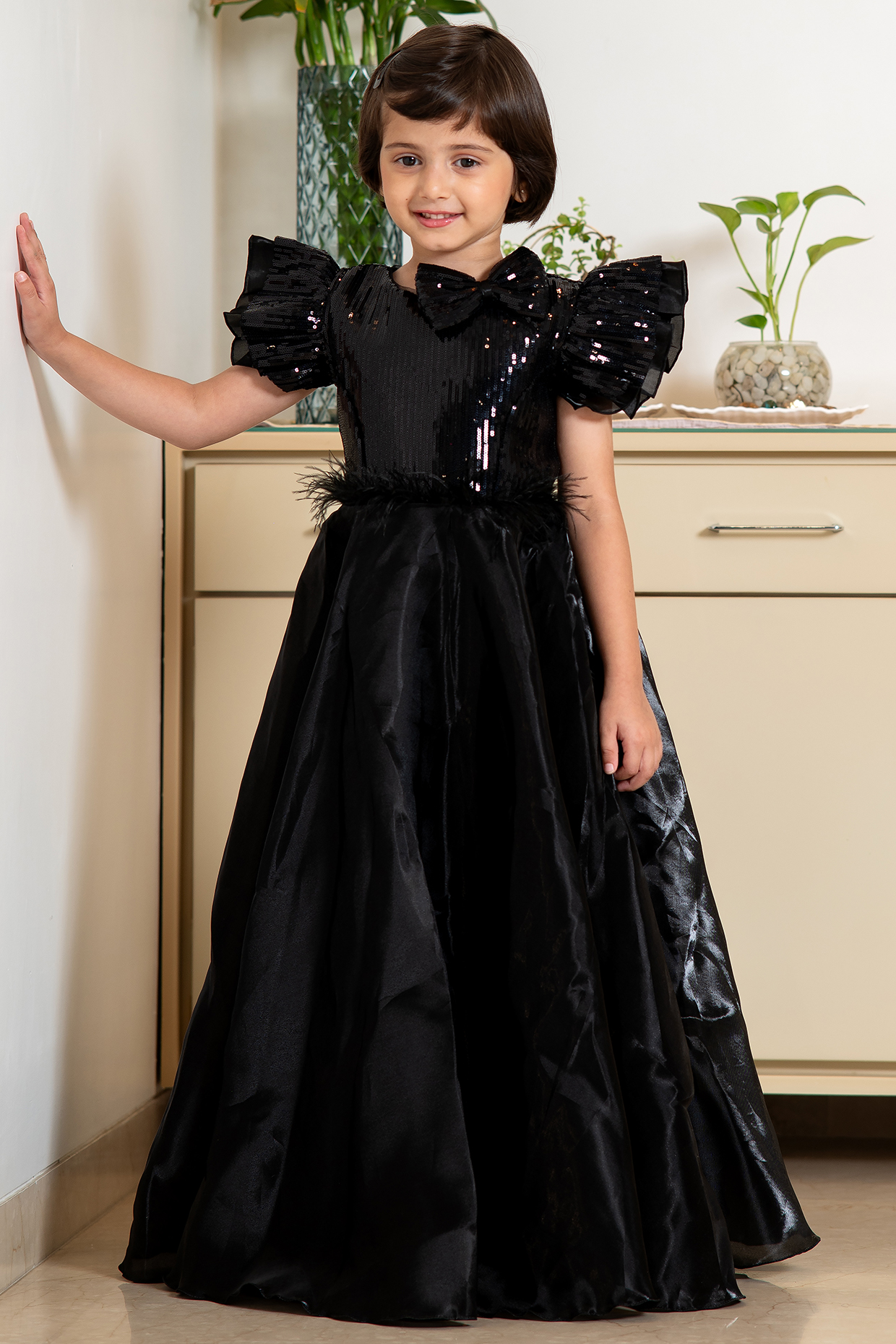 Black Satin Sequins Work Gown For Girls by Devils N Angels at Pernia's Pop Up Shop