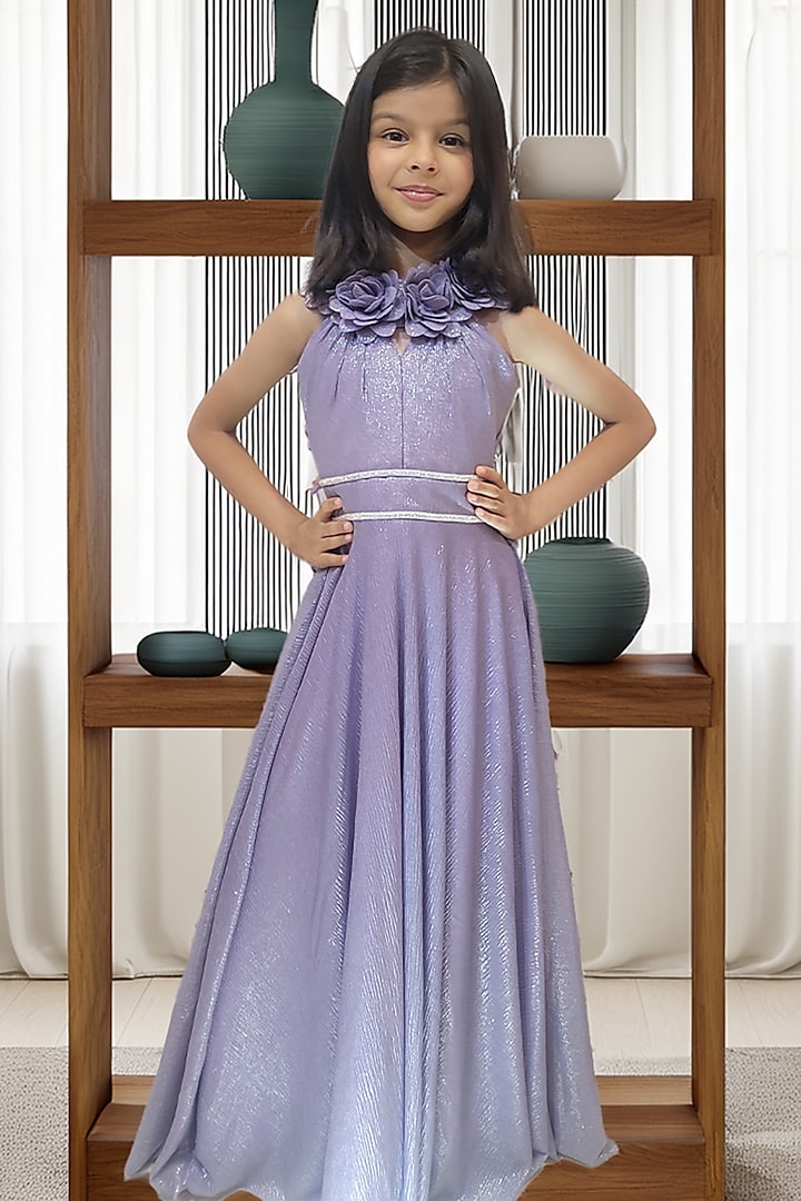 Purple Cotton Blend Floral Work Gown For Girls by Devils N Angels at Pernia's Pop Up Shop