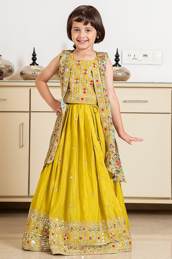 Yellow Cotton Blend Jacket Lehenga Set For Girls by Devils N Angels at Pernia's Pop Up Shop