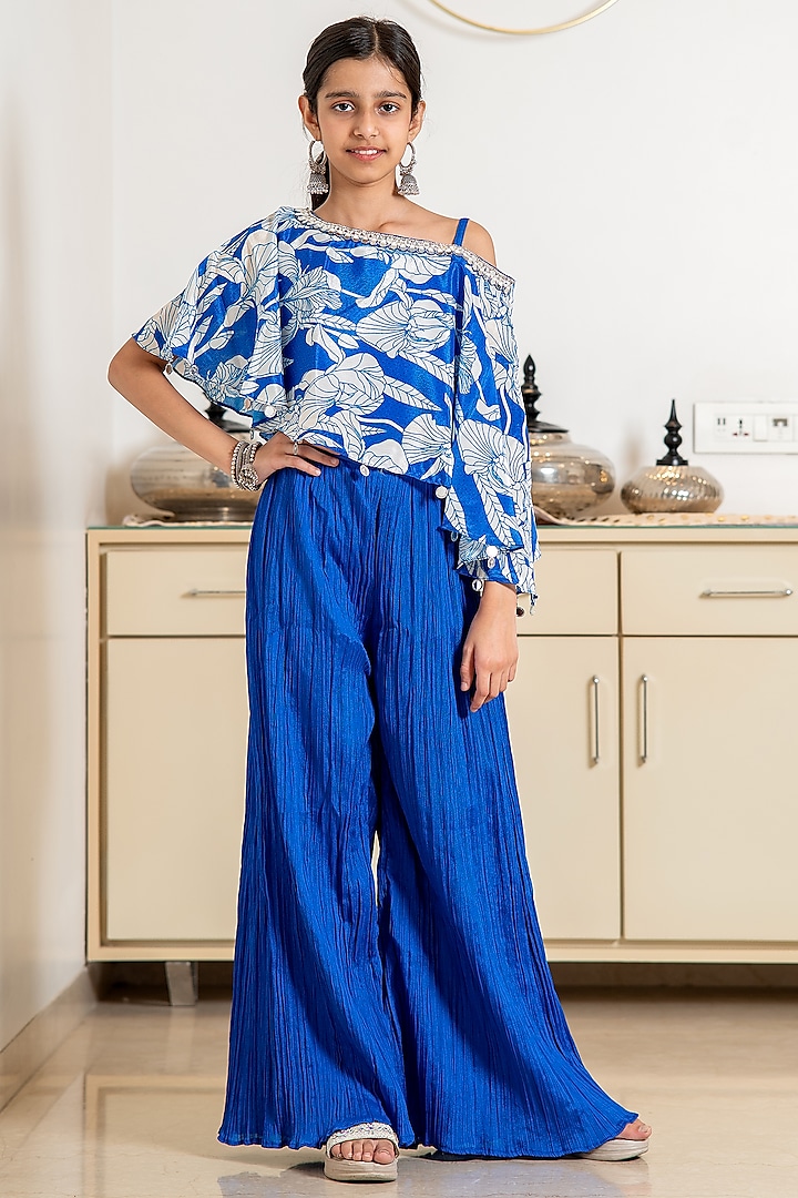 Blue Cotton Blend Palazzo Set For Girls by Devils N Angels at Pernia's Pop Up Shop