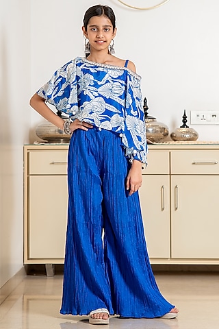 Blue Cotton Blend Palazzo Set For Girls by Devils N Angels