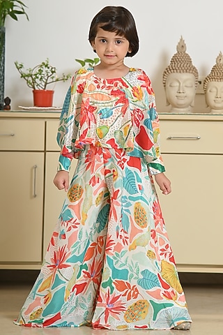 Cream Cotton Blend Printed palazzo Set For Girls by Devils N Angels
