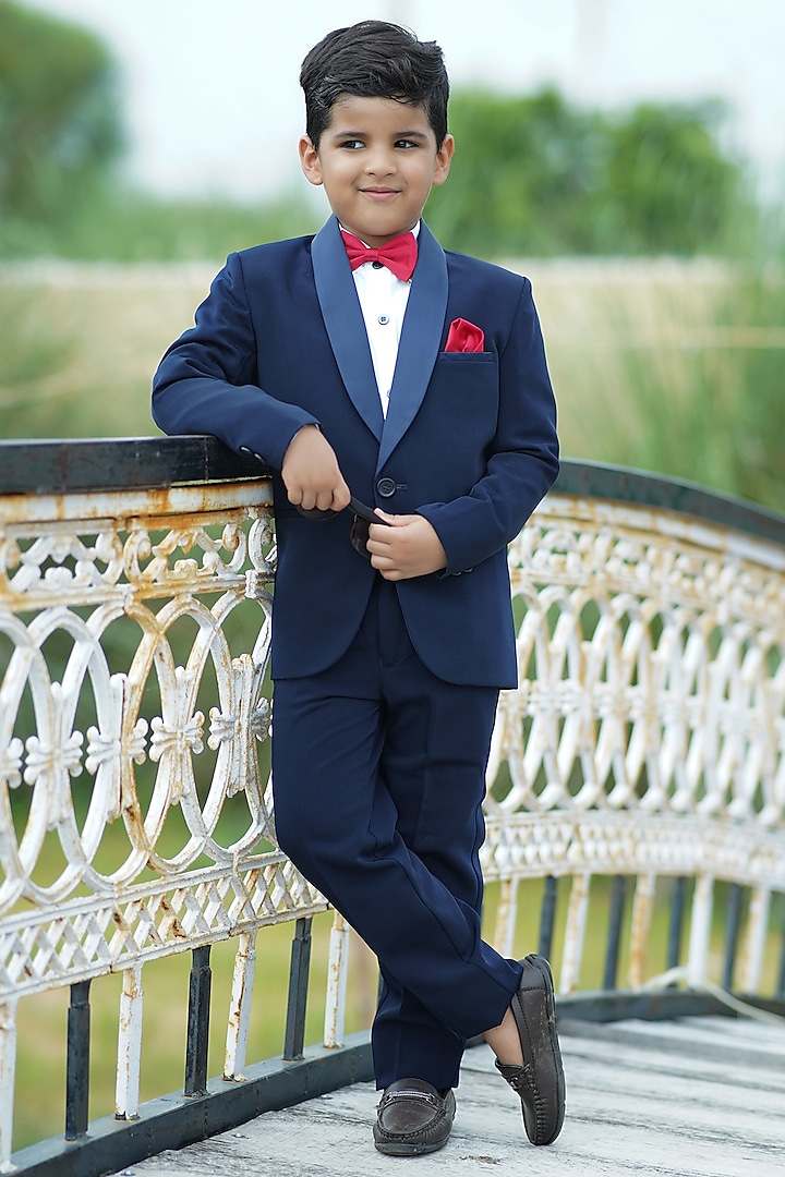 Navy Blue Cotton Blend Waistcoat Set For Boys by Devils N Angels at Pernia's Pop Up Shop