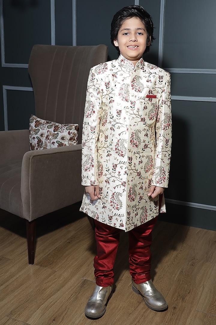 Cream Cotton Silk Self-Embroidered Sherwani Set For Boys by Devils N Angels