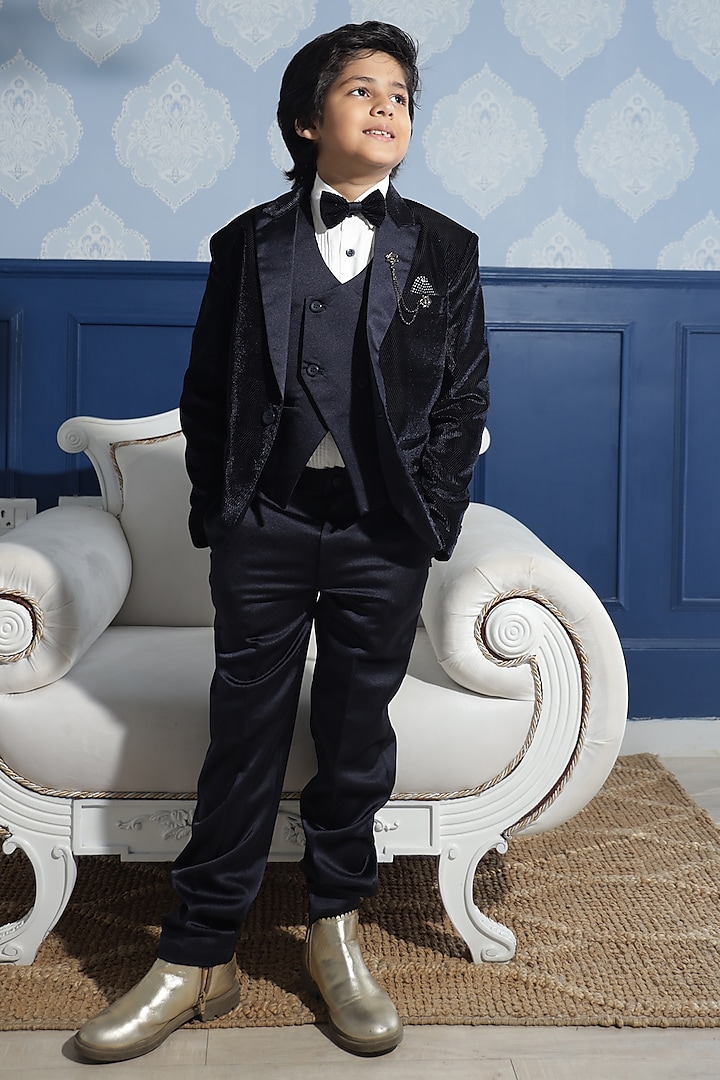 Navy Blue Cotton Blend Self-Textured Tuxedo Set For Boys by Devils N Angels at Pernia's Pop Up Shop