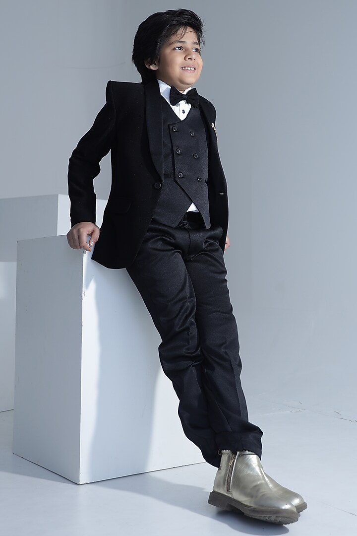 Navy Blue Cotton Blend Self-Textured Tuxedo Set For Boys by Devils N Angels at Pernia's Pop Up Shop