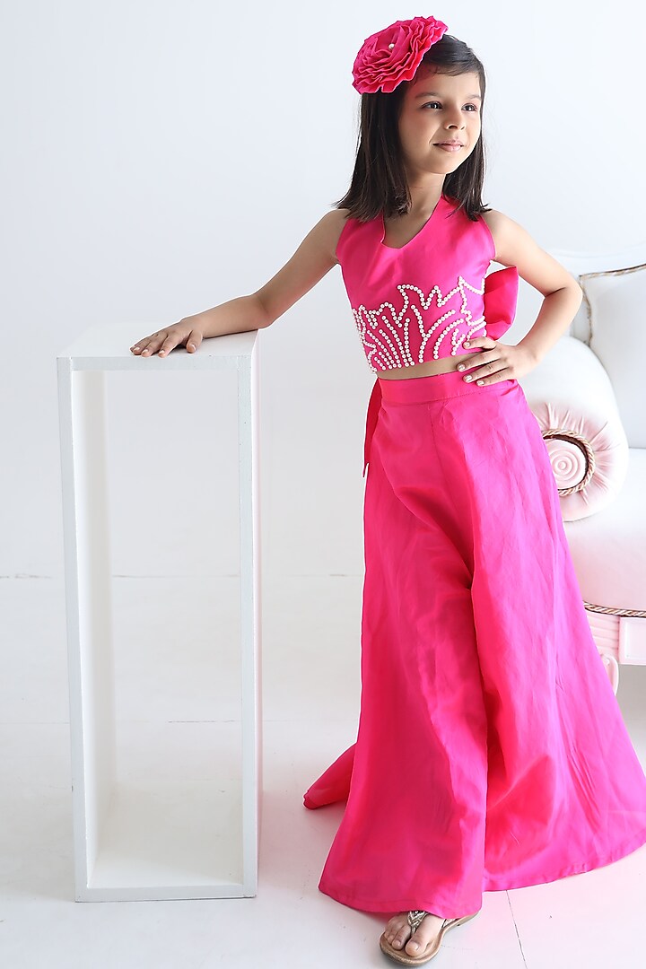 Neon Pink Taffeta Pearl Embroidered Co-Ord Set For Girls by Devils N Angels at Pernia's Pop Up Shop