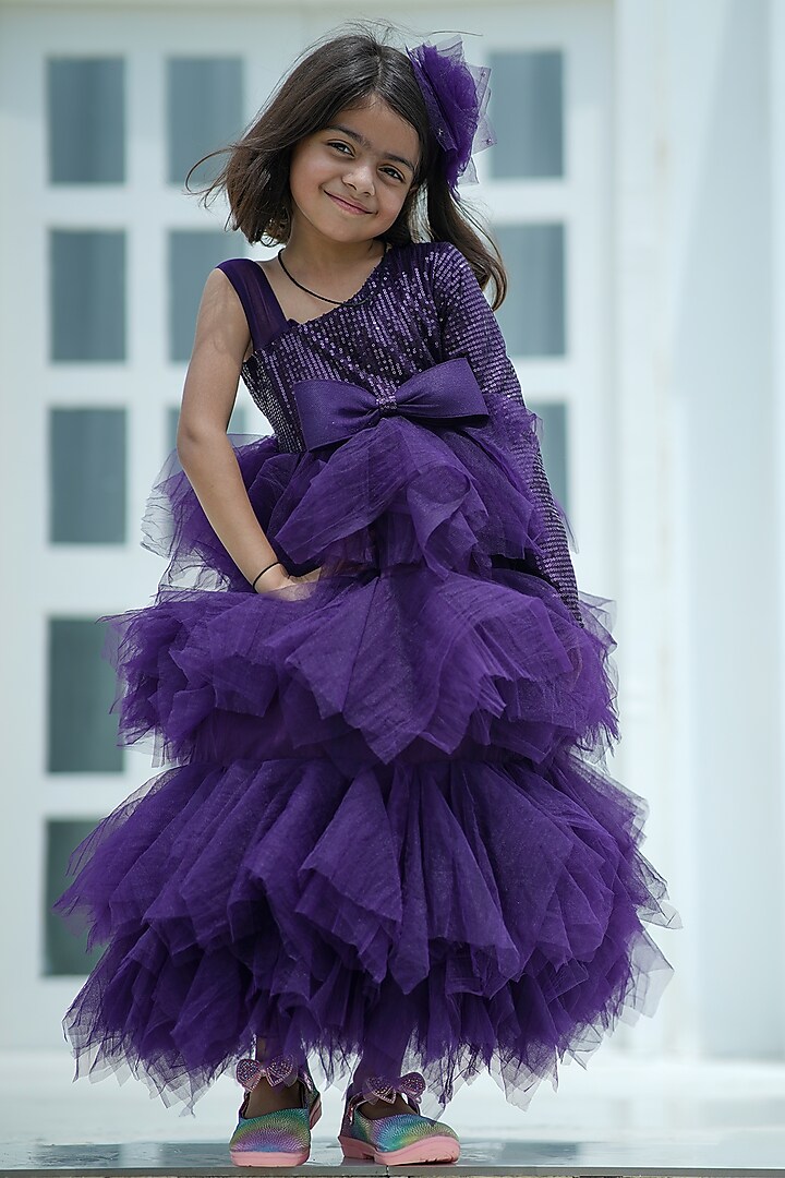 Purple Net & Sequins Gown For Girls by Devils N Angels at Pernia's Pop Up Shop