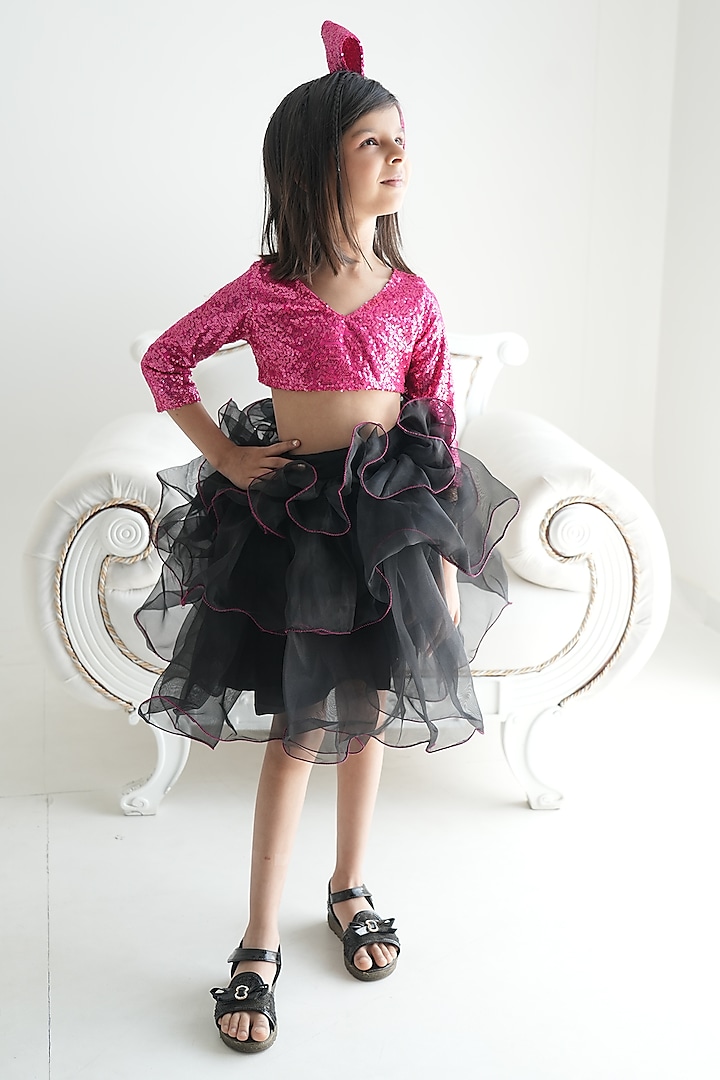 Black Sequins & Organza Skirt Set For Girls by Devils N Angels at Pernia's Pop Up Shop