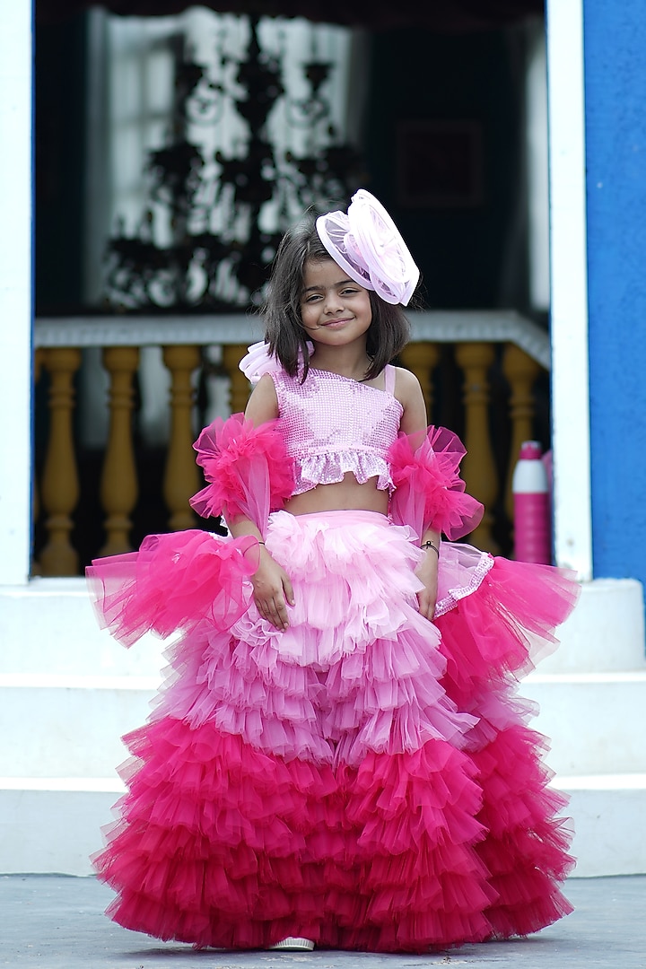 Pink Sequins Layered Ruffled Lehenga Set For Girls by Devils N Angels at Pernia's Pop Up Shop