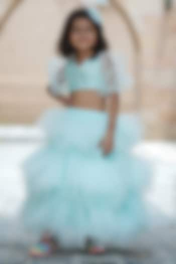 Sea Green Sequins Layered Ruffled Lehenga Set For Girls by Devils N Angels at Pernia's Pop Up Shop