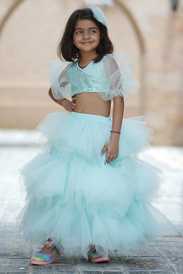 Sea Green Sequins Layered Ruffled Lehenga Set For Girls by Devils N Angels at Pernia's Pop Up Shop