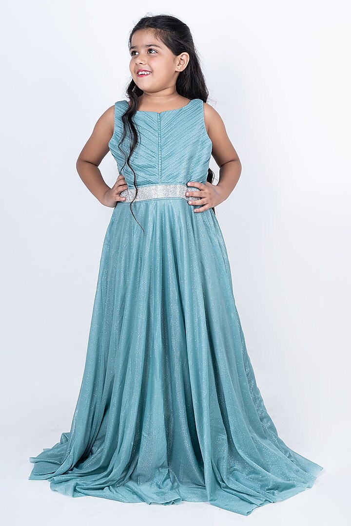 Sea Green Shimmer Gown For Girls by Devils N Angels at Pernia's Pop Up Shop