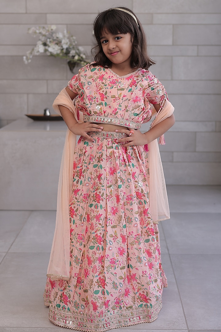 Peach Cotton Blend Printed & Embroidered Lehenga Set For Girls by Devils N Angels at Pernia's Pop Up Shop