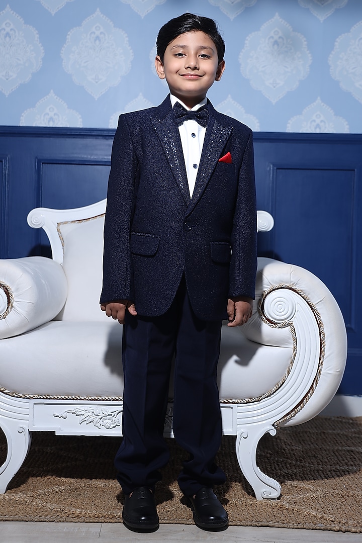 Navy Blue Cotton Blend Tuxedo Set For Boys by Devils N Angels at Pernia's Pop Up Shop