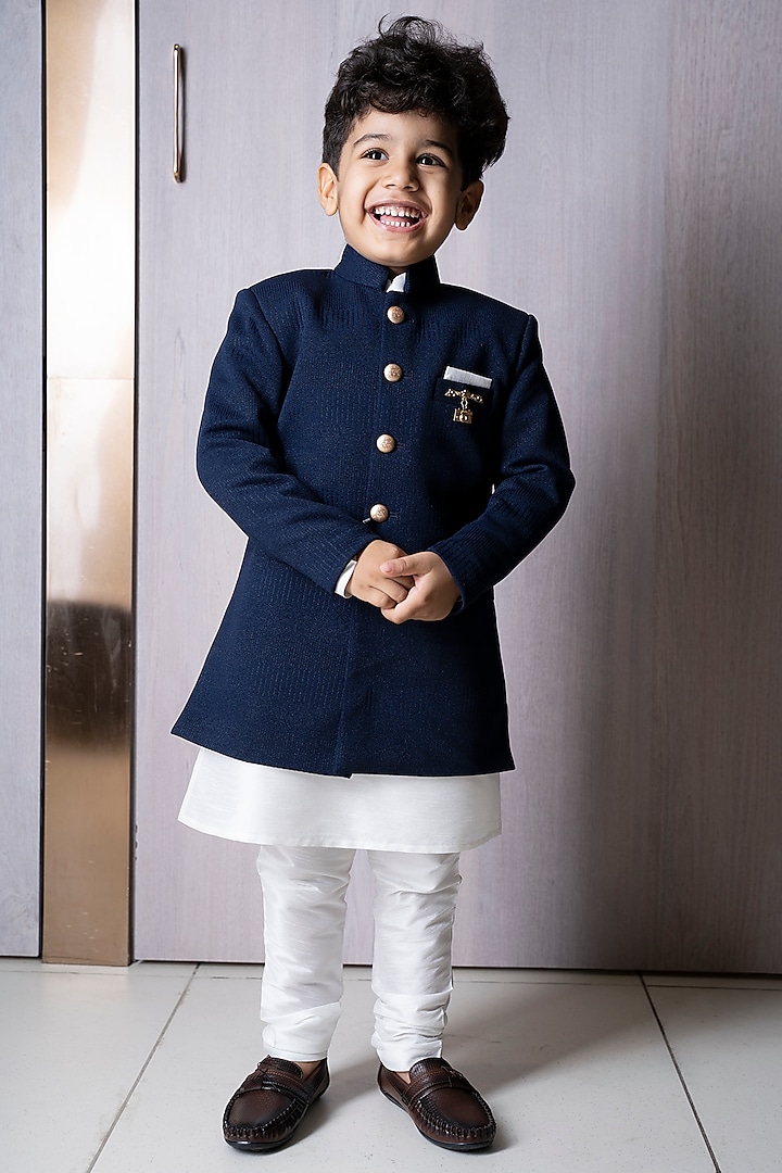 Navy Blue Cotton Blend Self-Textured Achkan Set For Boys by Devils N Angels at Pernia's Pop Up Shop