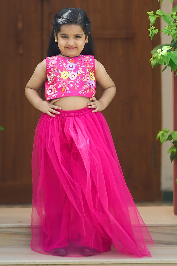 Pink Net & Blended Lehenga Set For Girls by Devils N Angels at Pernia's Pop Up Shop