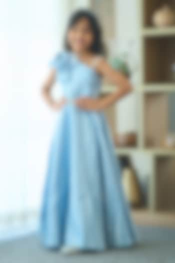 Sky Blue Silk Blend Floral Gown For Girls by Devils N Angels at Pernia's Pop Up Shop