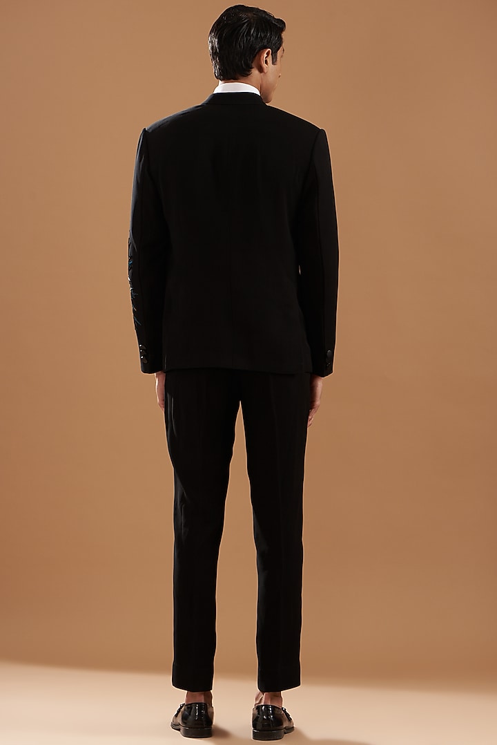 Black Italian Crepe Embroidered Tuxedo Set by Dev Kumar at Pernia's Pop Up Shop