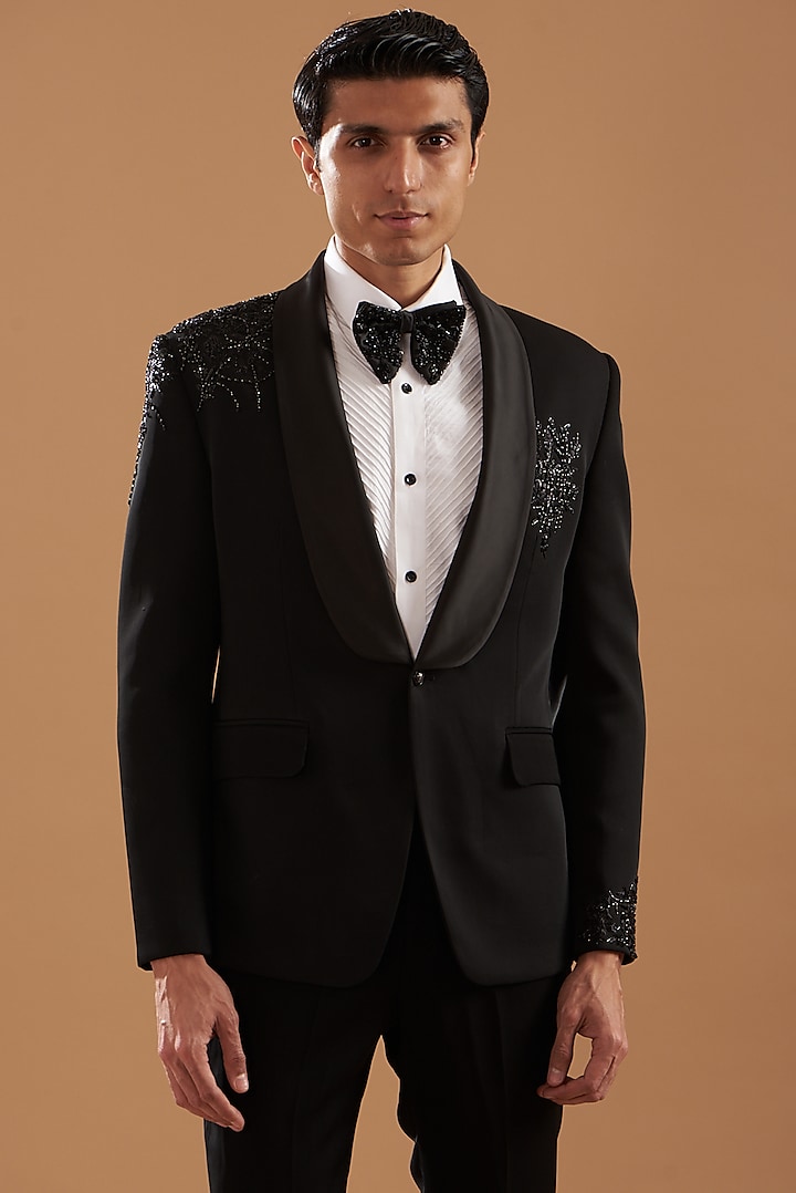 Black Italian Crepe Embroidered Tuxedo Set by Dev Kumar at Pernia's Pop Up Shop