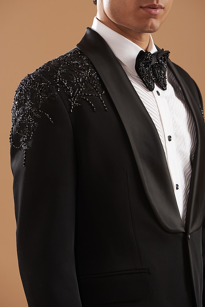 Black Italian Crepe Embroidered Tuxedo Set by Dev Kumar at Pernia's Pop Up Shop