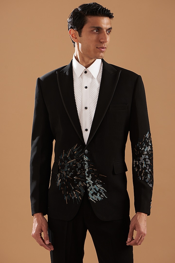 Black Italian Crepe Embroidered Tuxedo Set by Dev Kumar at Pernia's Pop Up Shop