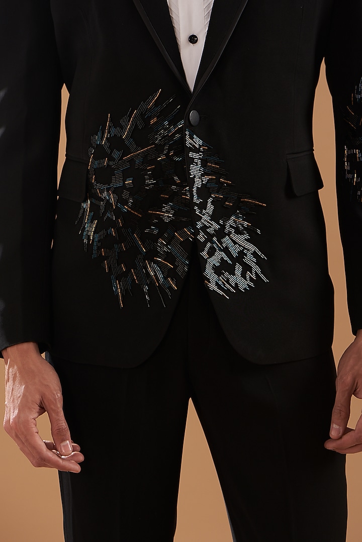 Black Italian Crepe Embroidered Tuxedo Set by Dev Kumar at Pernia's Pop Up Shop