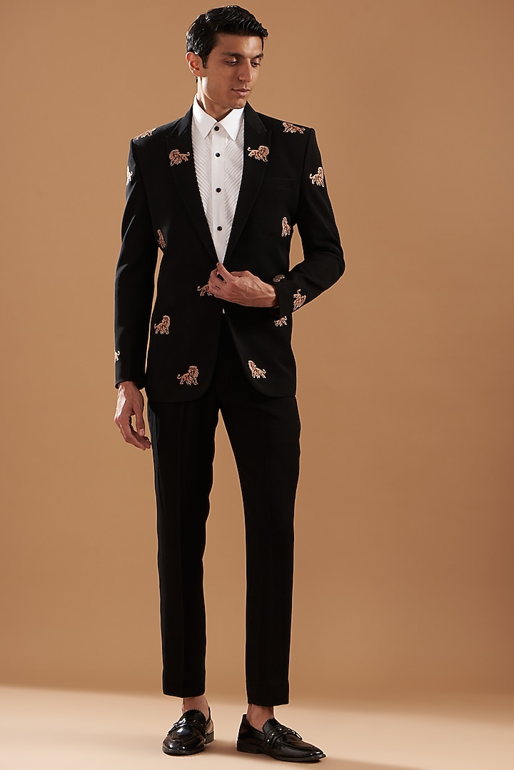 Black Italian Crepe Embroidered Suit Set by Dev Kumar