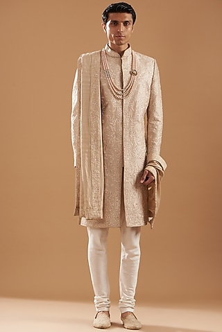 Champagne Gold Raw Silk Embroidered Sherwani Set by Dev Kumar