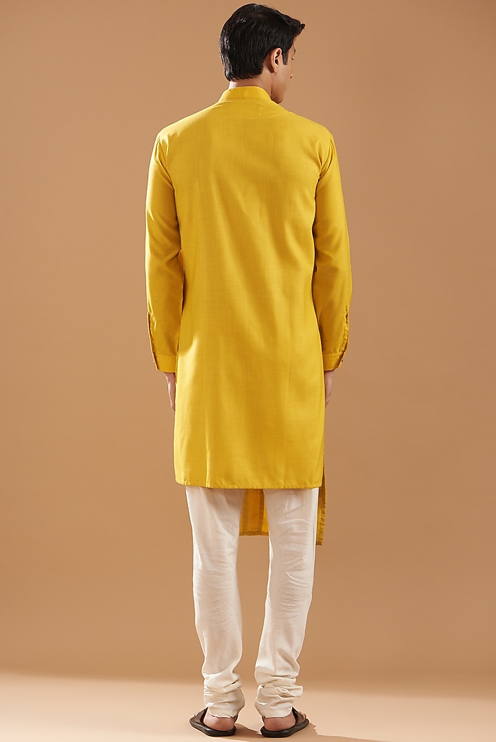 Yellow Matka Silk Paneled Kurta Set by Dev Kumar at Pernia's Pop Up Shop
