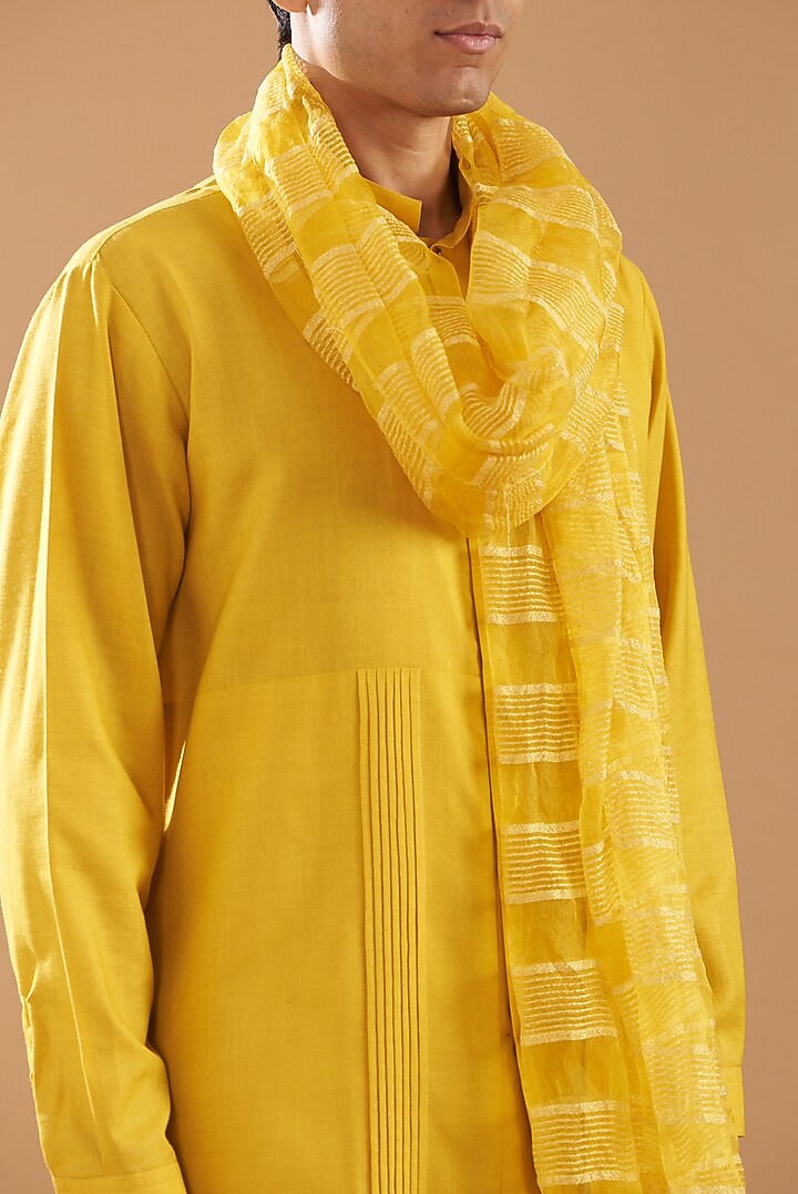 Yellow Matka Silk Paneled Kurta Set by Dev Kumar at Pernia's Pop Up Shop