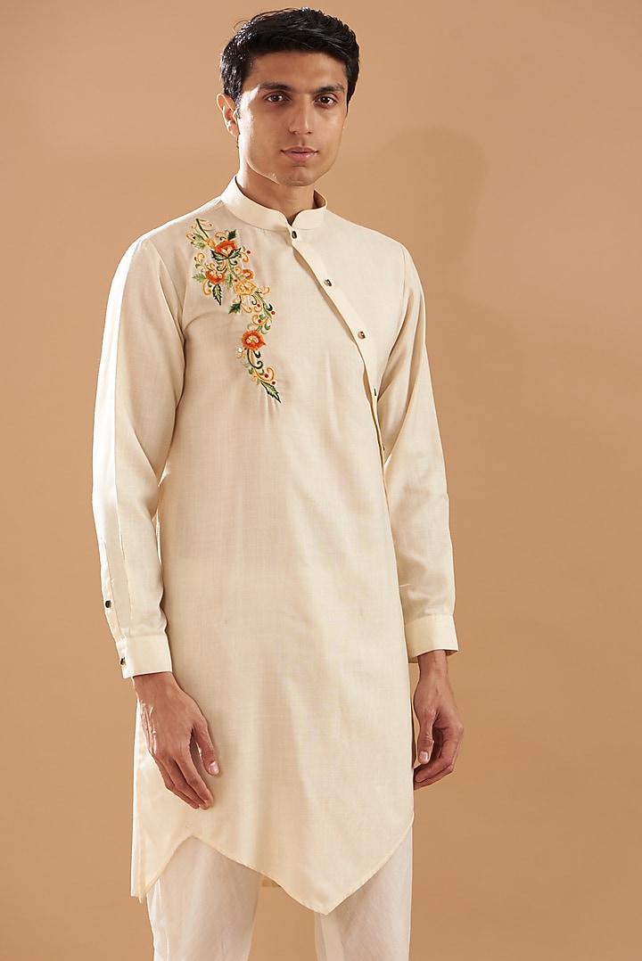 Beige Matka Silk Motif Thread Embroidered Asymmetric Kurta Set by Dev Kumar at Pernia's Pop Up Shop