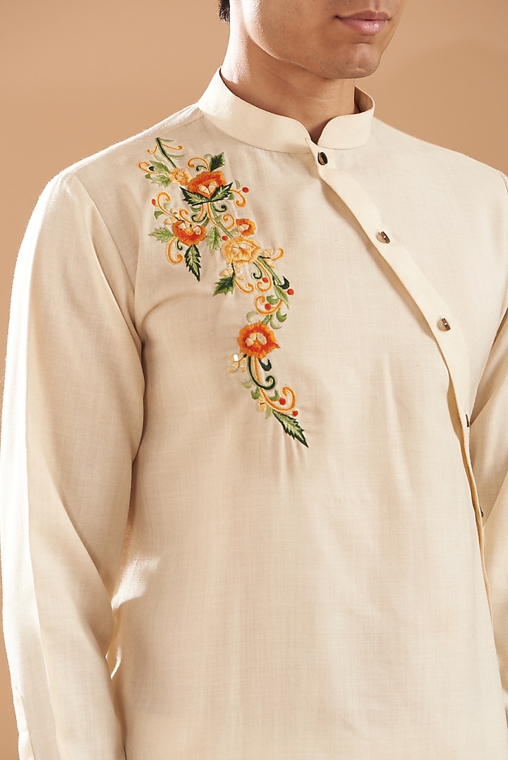 Beige Matka Silk Motif Thread Embroidered Asymmetric Kurta Set by Dev Kumar at Pernia's Pop Up Shop