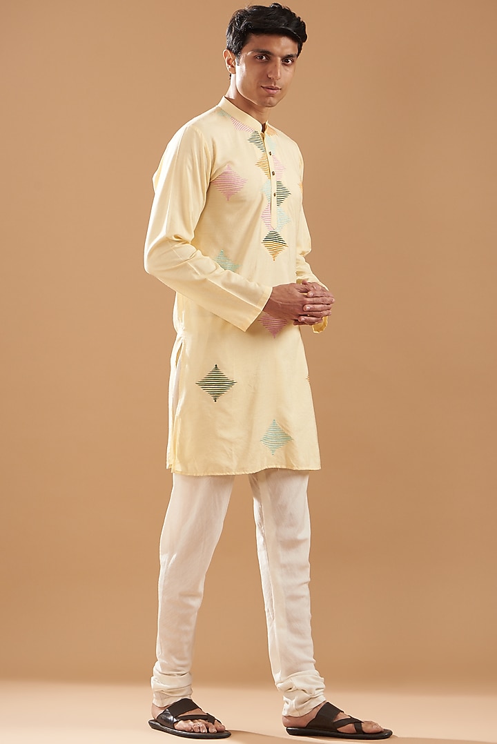Pastel Yellow Matka Silk Embroidered Kurta Set by Dev Kumar at Pernia's Pop Up Shop