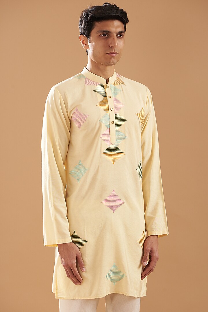 Pastel Yellow Matka Silk Embroidered Kurta Set by Dev Kumar at Pernia's Pop Up Shop