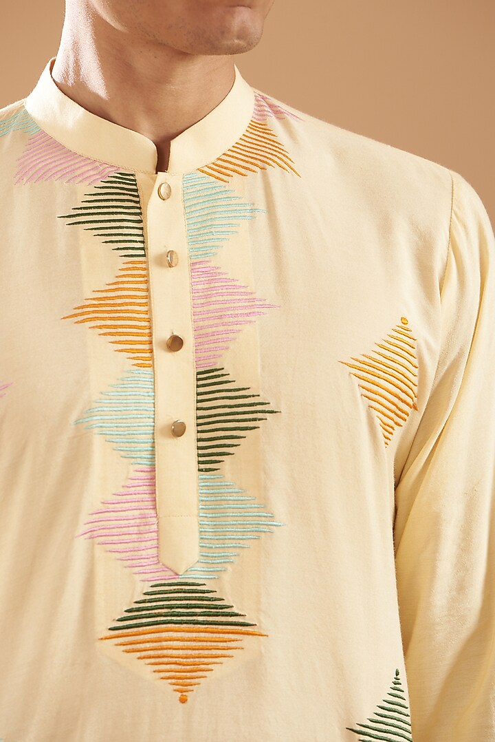 Pastel Yellow Matka Silk Embroidered Kurta Set by Dev Kumar at Pernia's Pop Up Shop
