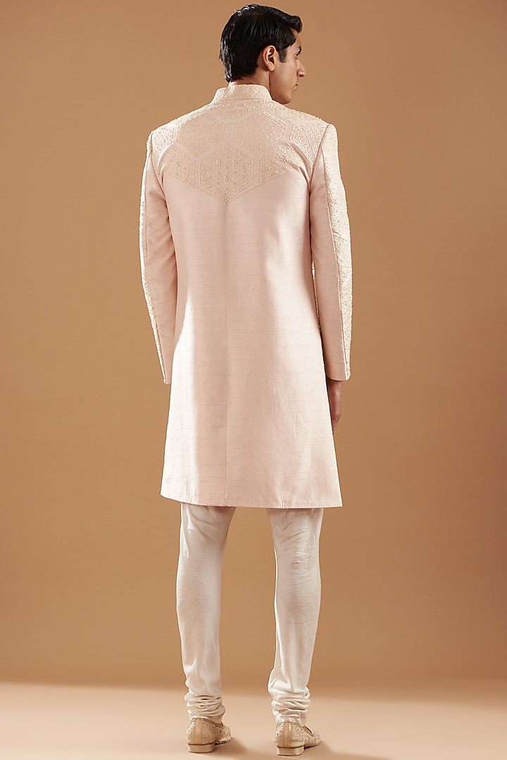 Peach Blended Raw Silk Zari Embroidered Groom Sherwani Set by Dev Kumar at Pernia's Pop Up Shop