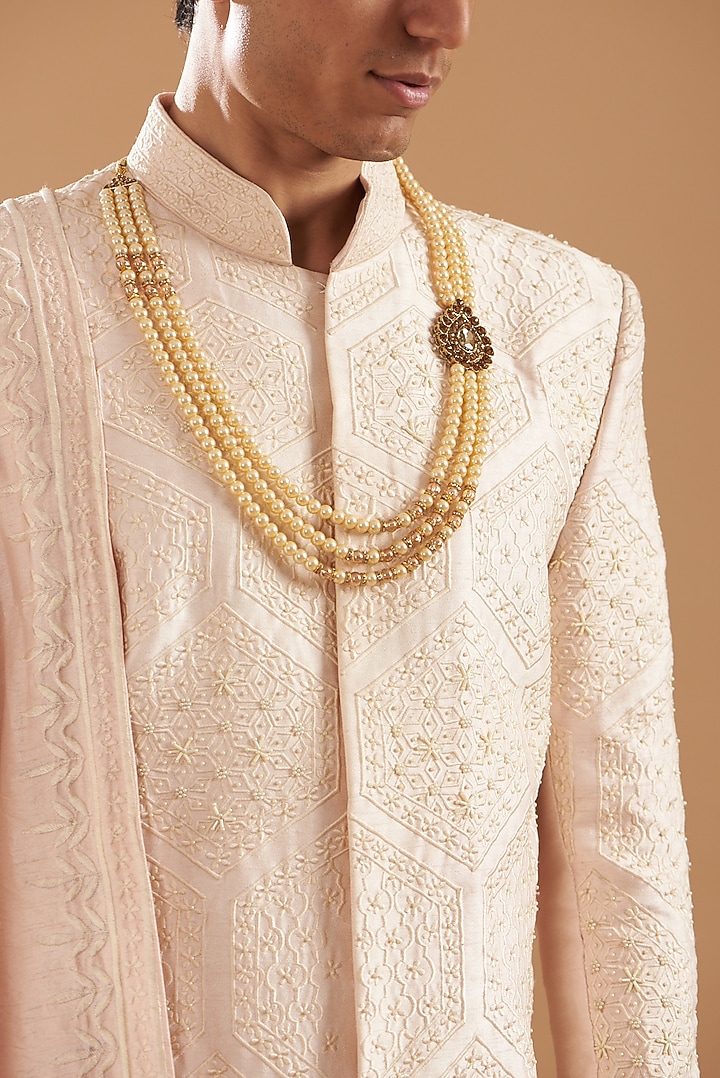 Peach Blended Raw Silk Zari Embroidered Groom Sherwani Set by Dev Kumar at Pernia's Pop Up Shop