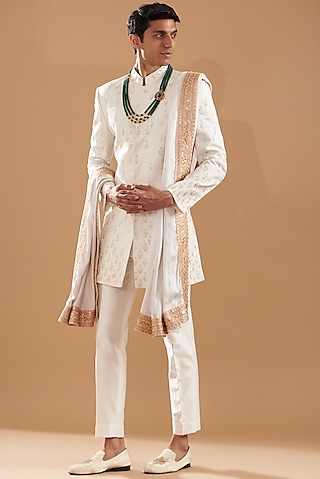 Ivory Satin Silk Embroidered Sherwani Set by Dev Kumar