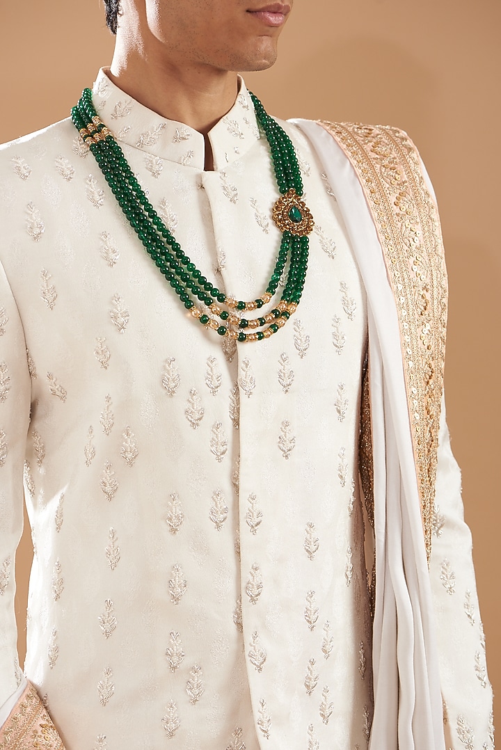Ivory Satin Silk Embroidered Wedding Sherwani Set by Dev Kumar at Pernia's Pop Up Shop