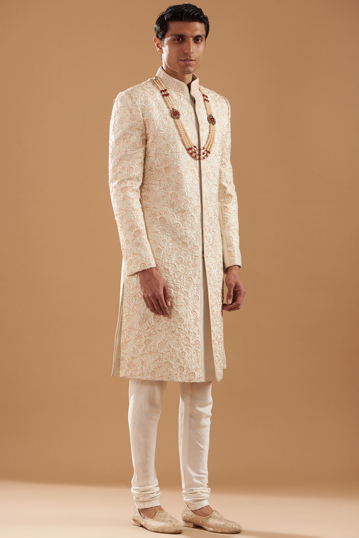 Ivory Raw Silk Embroidered Wedding Sherwani Set by Dev Kumar at Pernia's Pop Up Shop