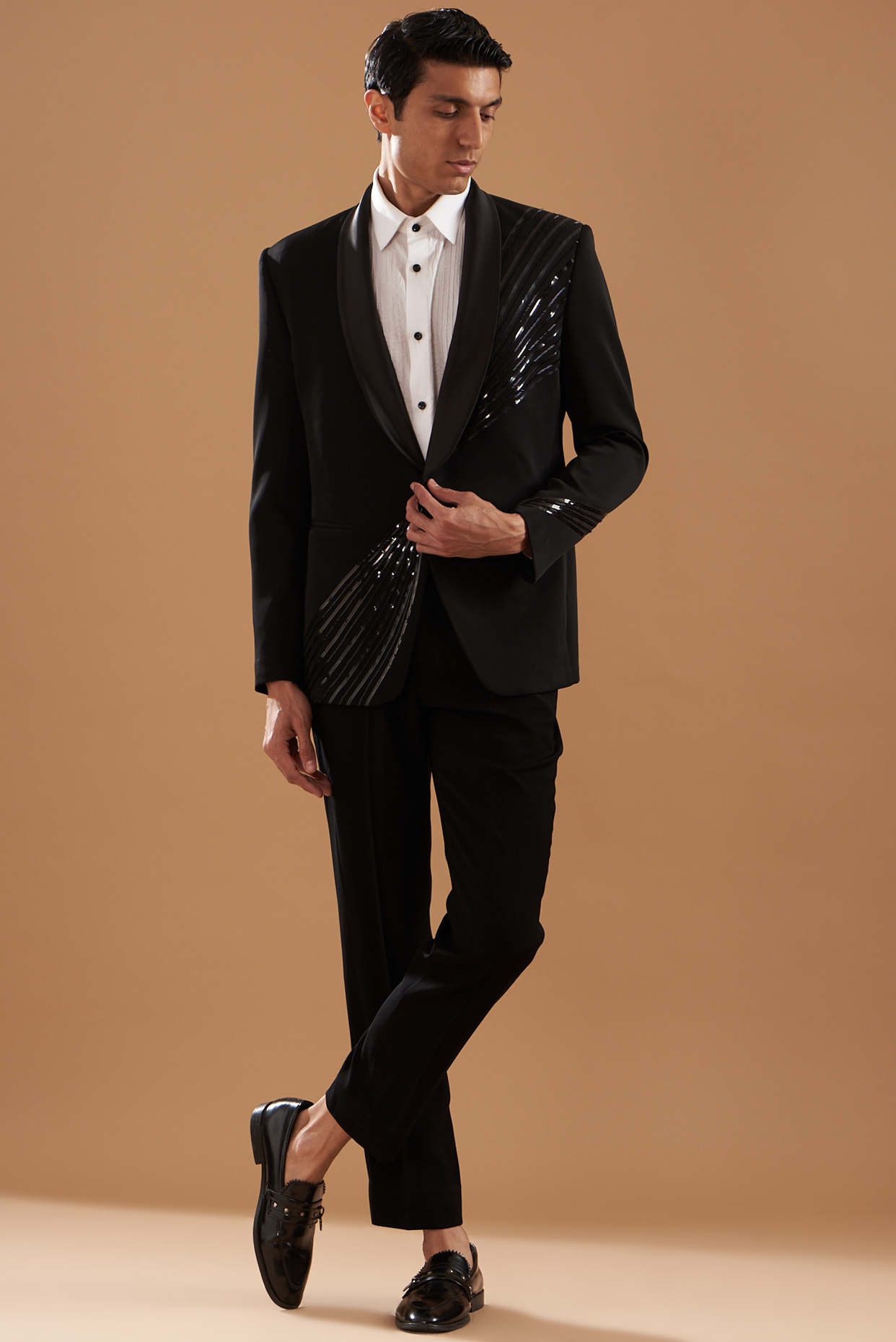 Black Italian Crepe Embroidered Tuxedo Set by Dev Kumar at Pernia's Pop Up Shop