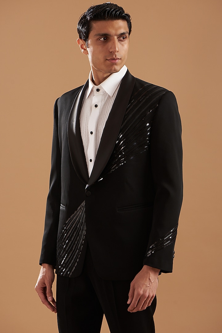 Black Italian Crepe Embroidered Tuxedo Set by Dev Kumar at Pernia's Pop Up Shop