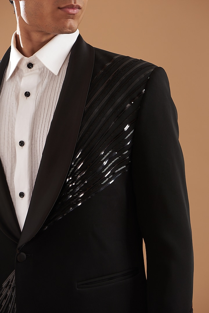 Black Italian Crepe Embroidered Tuxedo Set by Dev Kumar at Pernia's Pop Up Shop