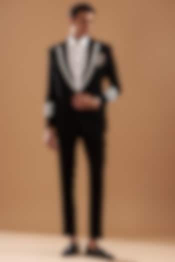 Black Italian Crepe Embroidered Tuxedo Set by Dev Kumar at Pernia's Pop Up Shop